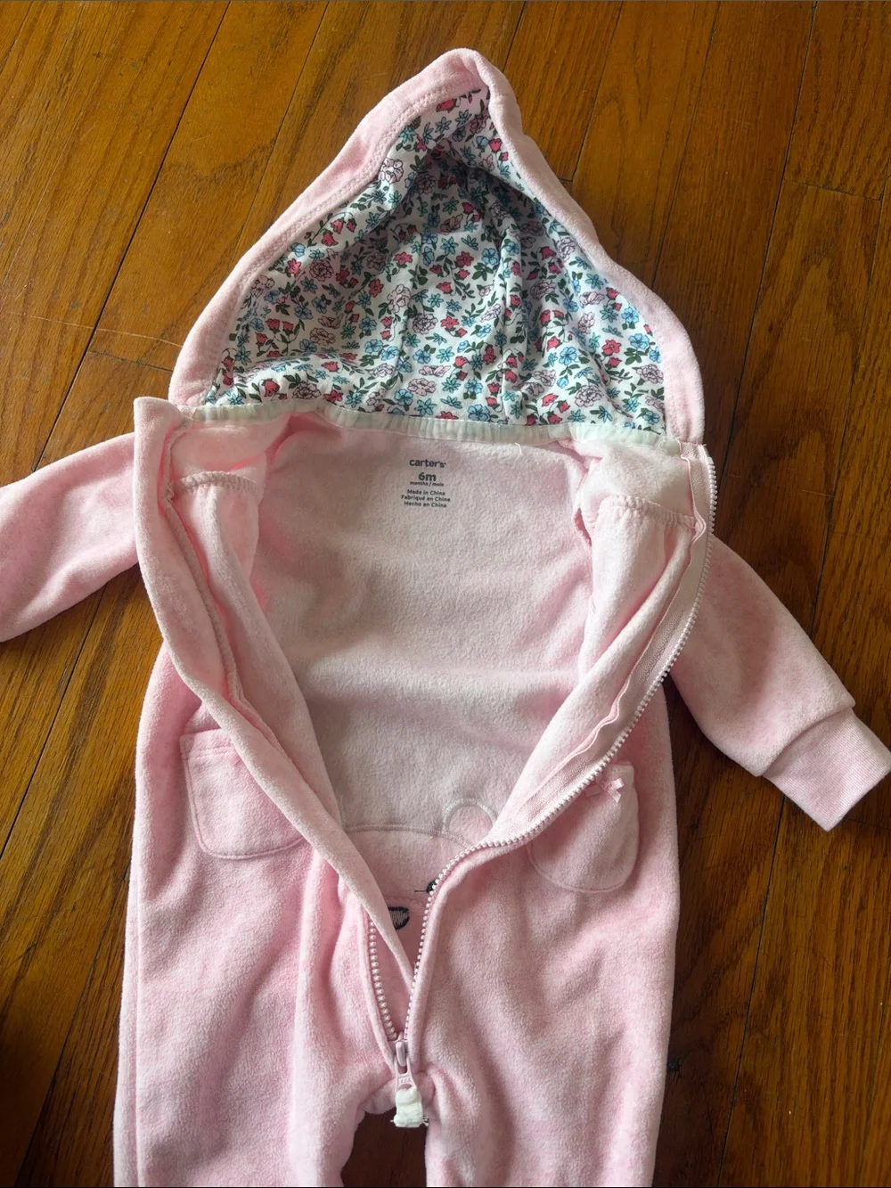 Carter's Baby Girl Pink Fleece Hooded Romper One Piece Cozy Outfit Bear Detail